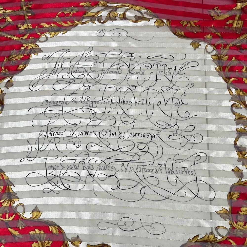 Vintage Liz Claiborne Scarf Sheer Stripe Red Gold Skeleton Keys Script Baroque
